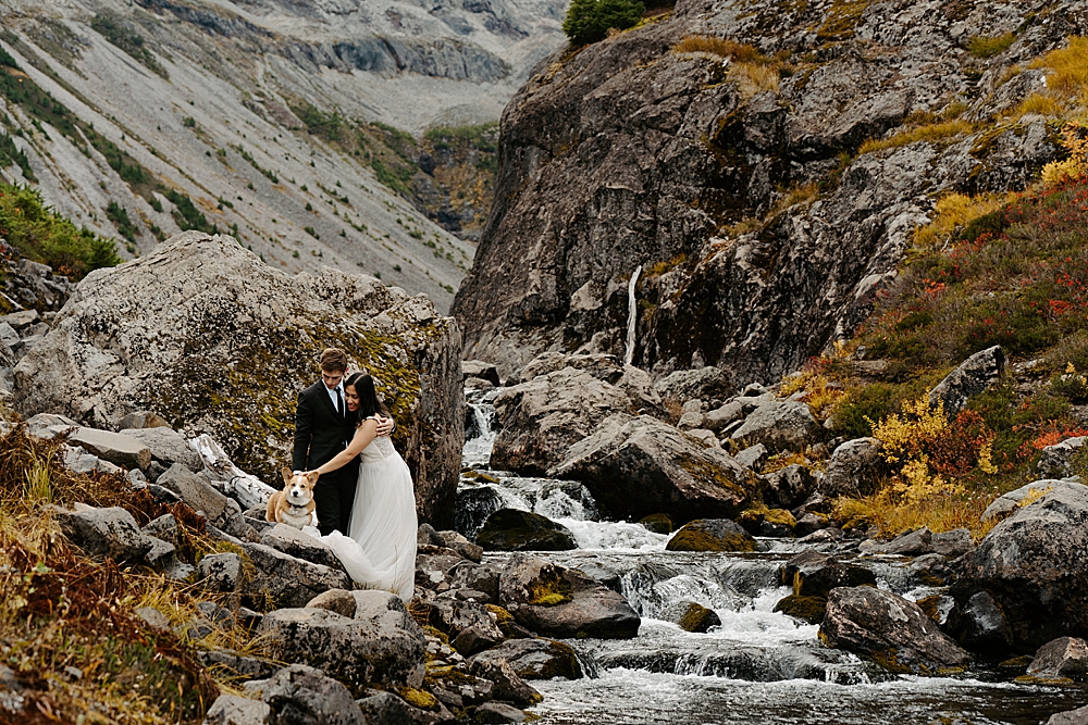 Bride, groom, and corgi standing next to a creek with fall colors around them.