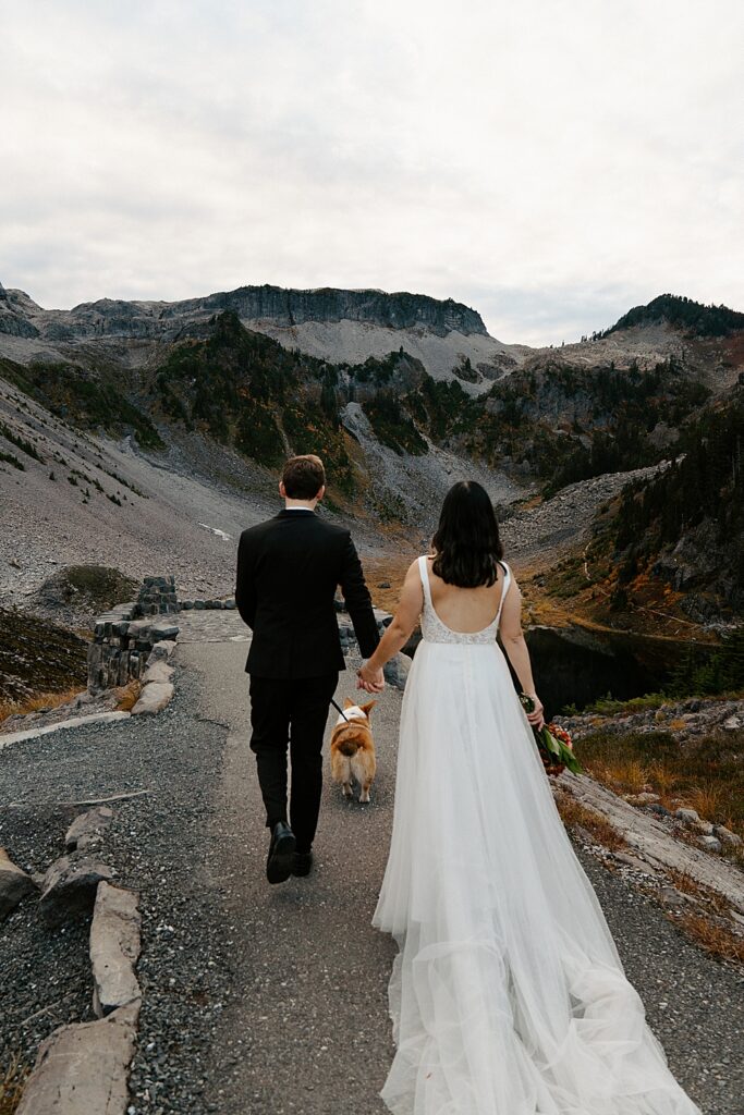 Bride and groom holding hands while walking their corgi at Bagley Lakes for their Washington elopement.