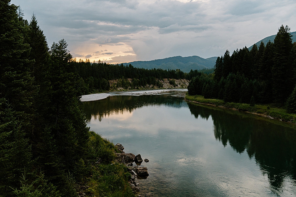 Post-sunset landscape photo of Flathead Lake at the West Glacier entrance to Glacier National Park